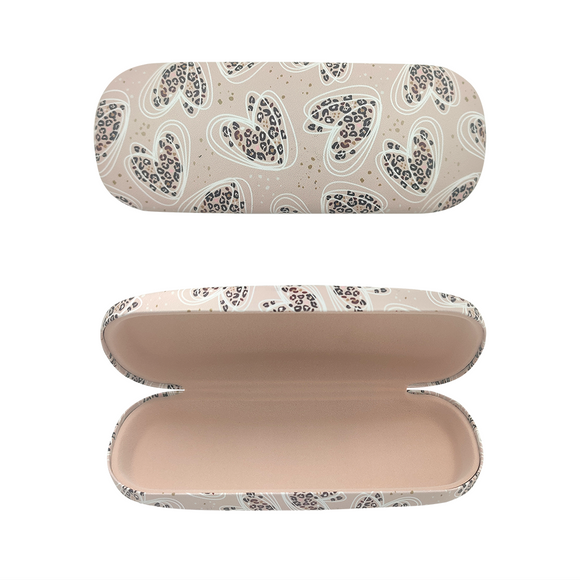 GLASSES CASE HARD BEIGE WITH LEOPARD PRINT HEARTS