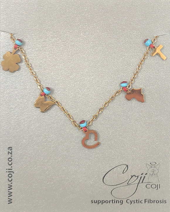 NECKLACE MULTI CHARM ON GOLD STAINLESS STEEL CHAIN