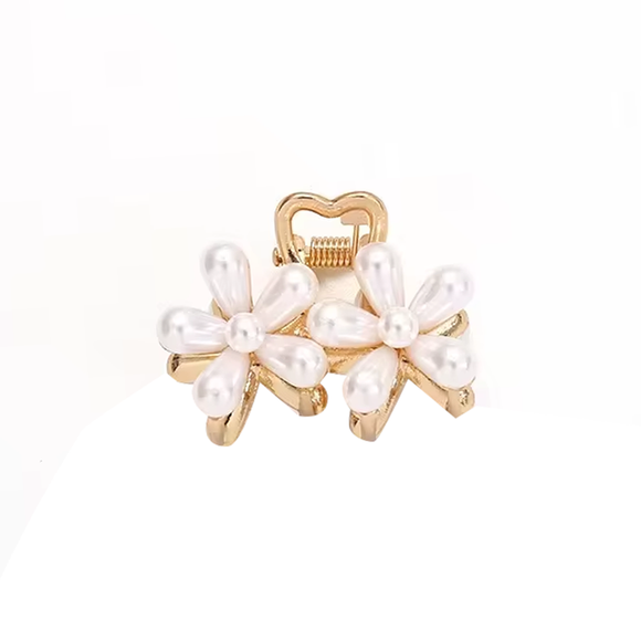 HAIR GRIP GOLD SML WITH WHITE PEARL DOUBLE FLOWER