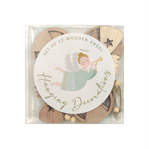 XMAS DECOR WOODEN HANGING ANGELS 12 SET