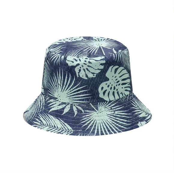 HAT BUCKET NAVY WITH AQUA LEAF DESIGN