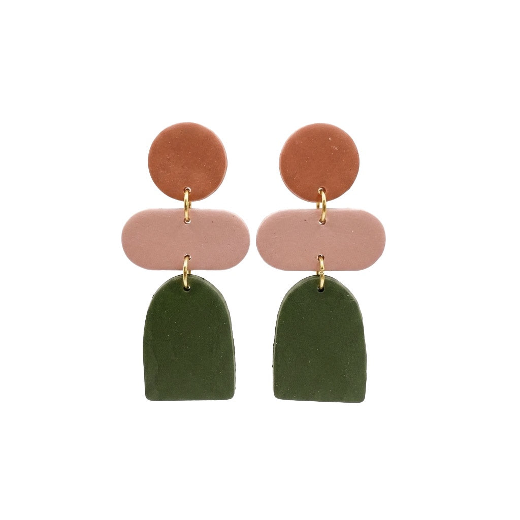 EARRING 3 PIECE GEO DANGLE TERRACOTTA, DUSKY PINK & OLIVE GREEN