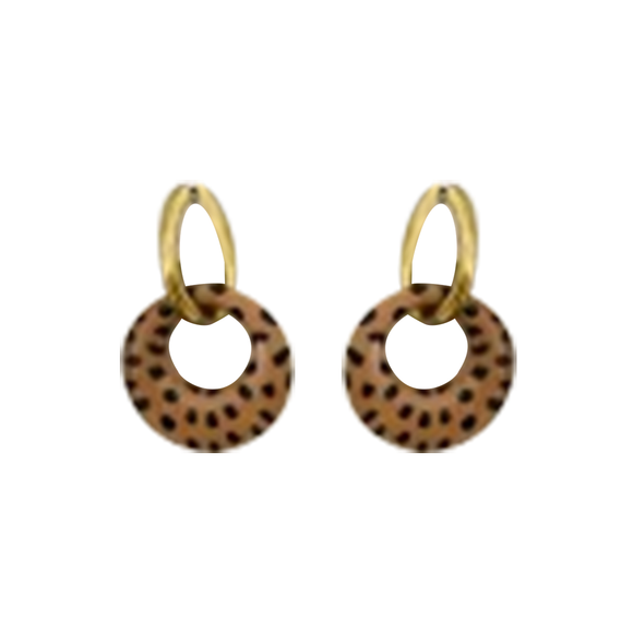 EARRING HOOP GOLD WITH 3D ROUND PENDANT BROWN BLACK LEOPARD FLECKS