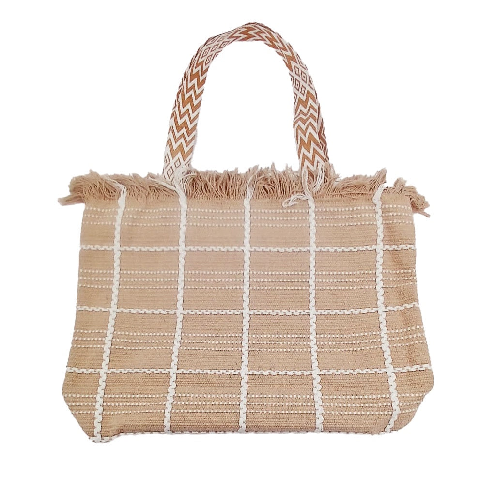BAG TOTE WOVEN FABRIC KHAKI WHITE EMBROIDERY PATTERN WITH TASSELS