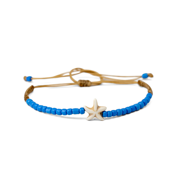 BRACELET PULL STRING WHITE STARFISH AND BLUE BEADS