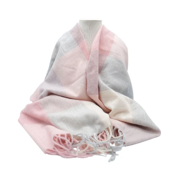WINTER SCARF WITH TASSELS IN PINK GREY & CREAM