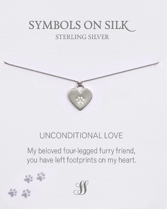 NECKLACE PAW PRINT HEART ON GREY SILK (FURRY FRIEND BACKER)