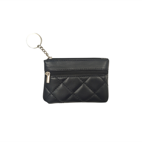 KEYRING COIN PURSE 2 ZIP QUILTED BLACK
