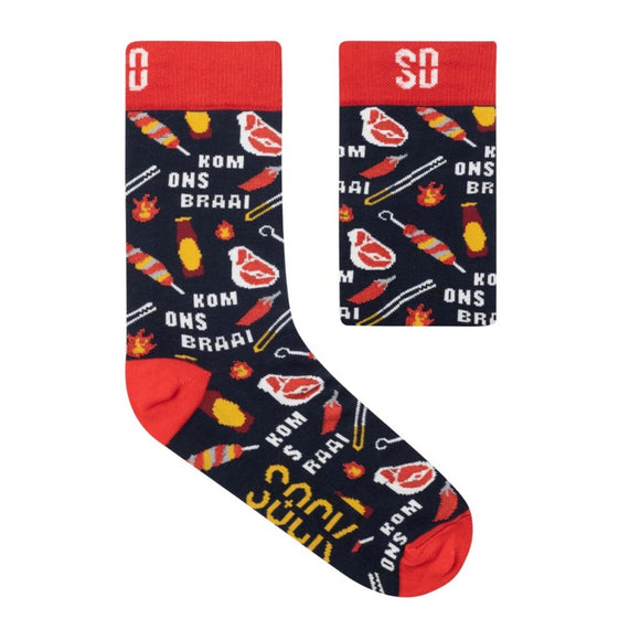 SOCKS COTTON BLACK RED KOM ONS BRAAI