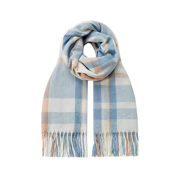 WINTER SCARF WITH TASSELS IN IVORY BLUE AND BEIGE PLAID
