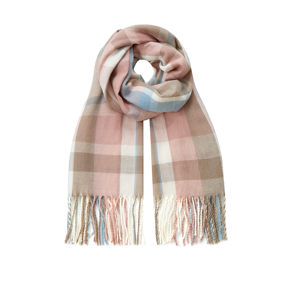 WINTER SCARF WITH TASSELS IN IVORY BLUE AND PINK PLAID