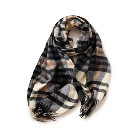 WINTER SCARF WITH TASSELS IN IVORY BLACK AND GREY PLAID