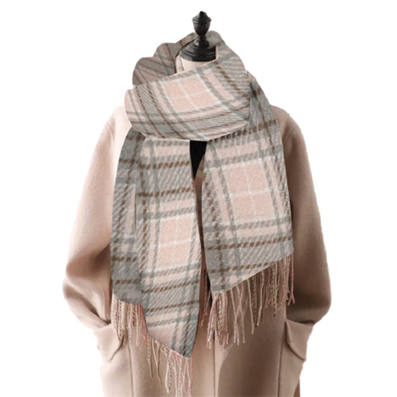 WINTER SCARF WITH TASSELS  IN PINK AND GREY PLAID