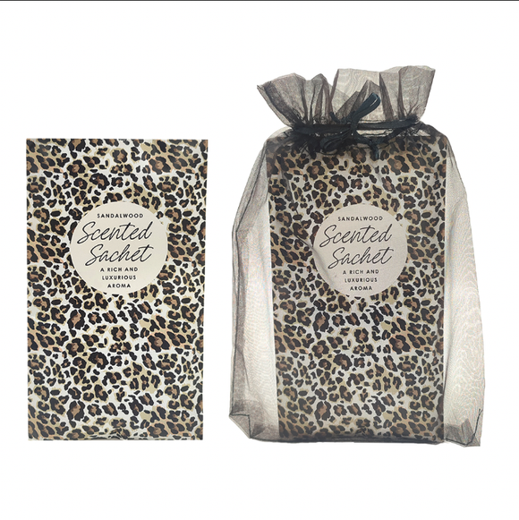FRAGRANCE SACHET LEOPARD BOWTIQUE SANDALWOOD SCENTED IN ORGANZA BAG