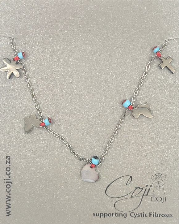 NECKLACE MULTI CHARM ON SILVER STAINLESS STEEL CHAIN