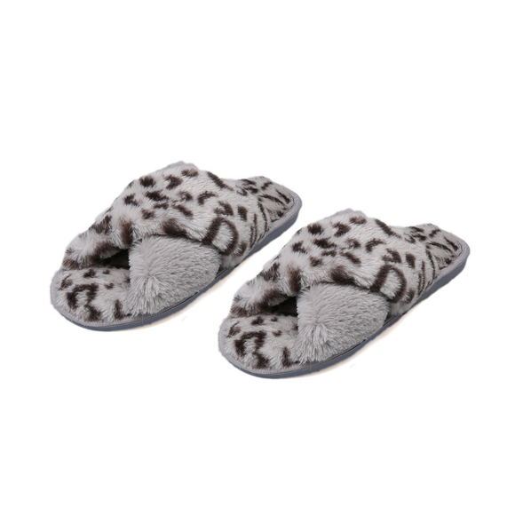 SLIPPERS CRISS CROSS FLUFFY GREY LEOPARD PRINT MEDIUM