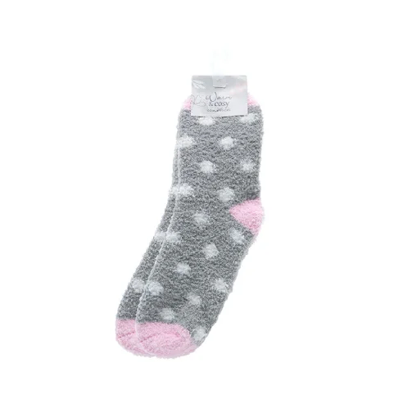 SOCKS FLUFFY GREY AND PINK WITH WHITE DOTS