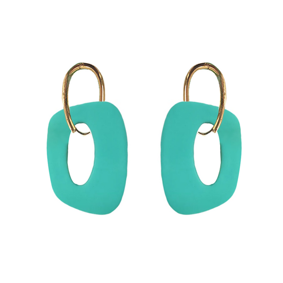 EARRING GOLD EGG SHAPE HOOP WITH RETRO PENDANT IN TEAL