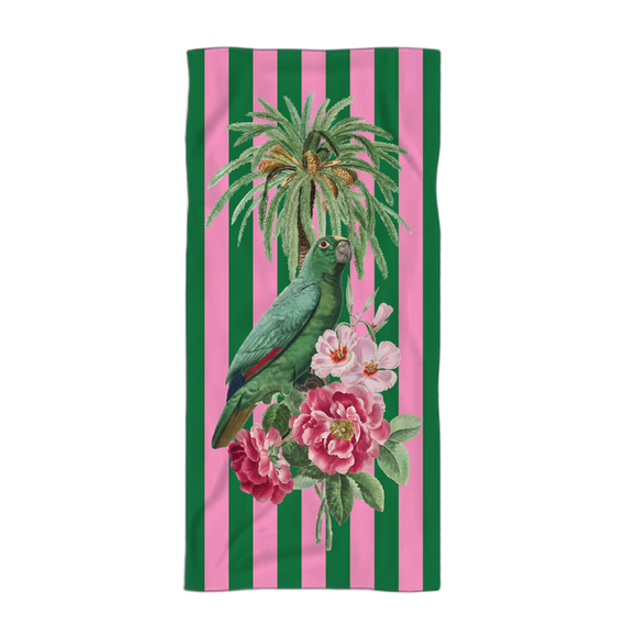 BEACH TOWEL PINK AND GREEN STRIPE WITH PARROT