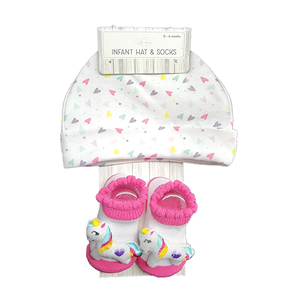 BABY HAT AND SOCK SET UNICORN CERISE PINK AND WHITE 0 - 6 MONTHS