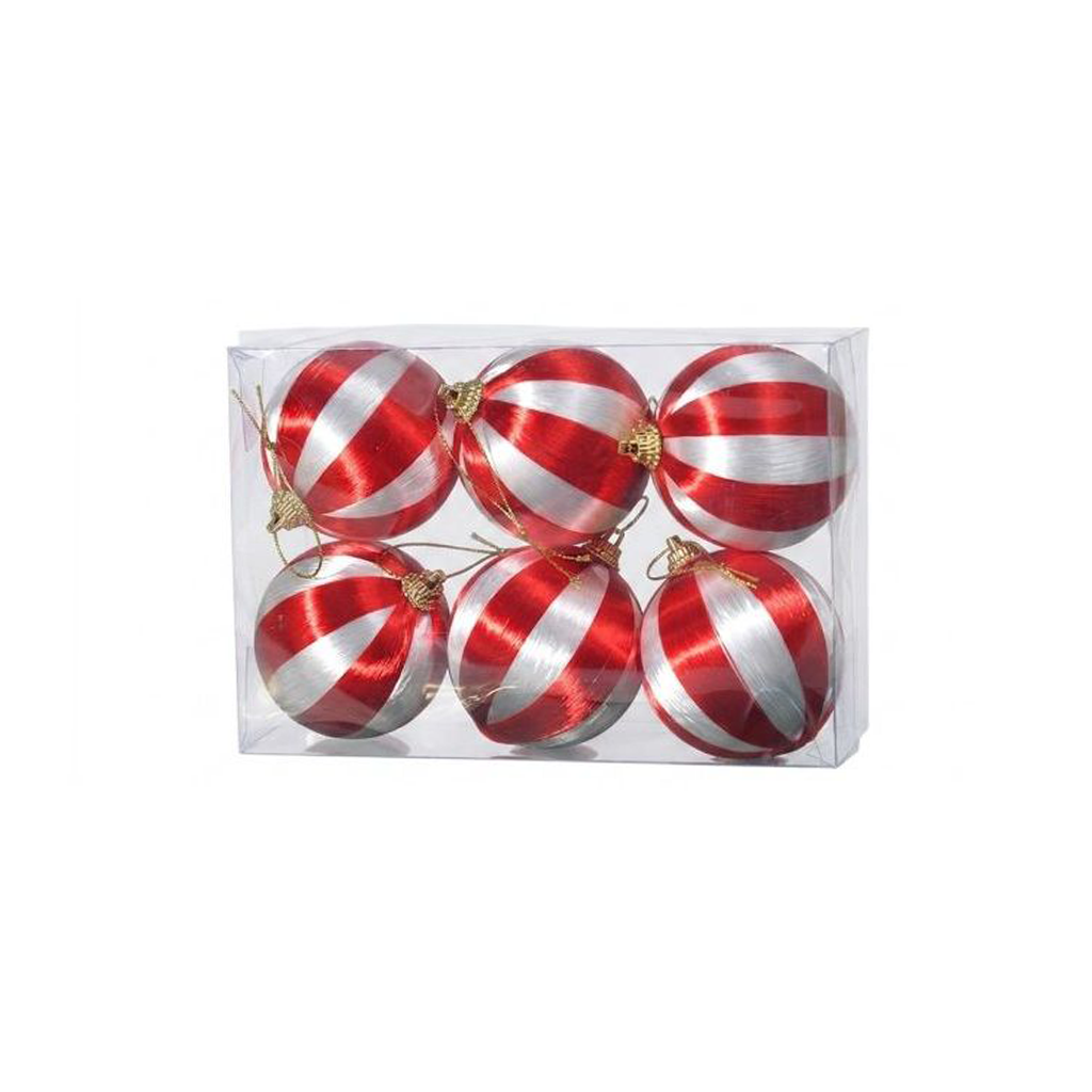 XMAS BAUBLES SILK THREAD RED WHITE STRIPES BOX OF 6