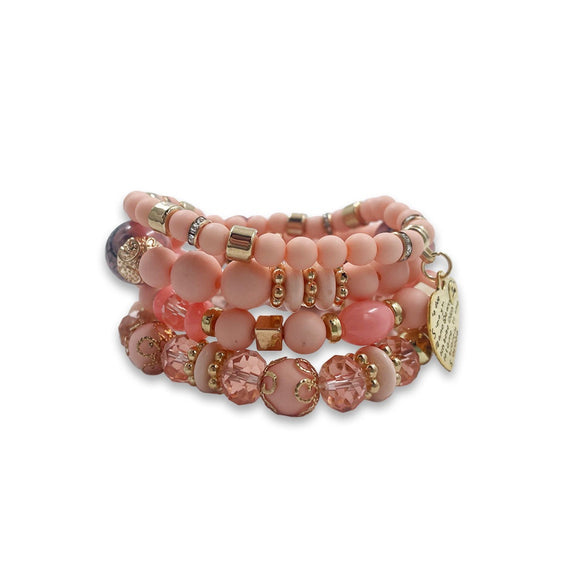 BRACELET 4 ROW LIGHT PINK WITH BEADS DETAILING AND HEART CHARM