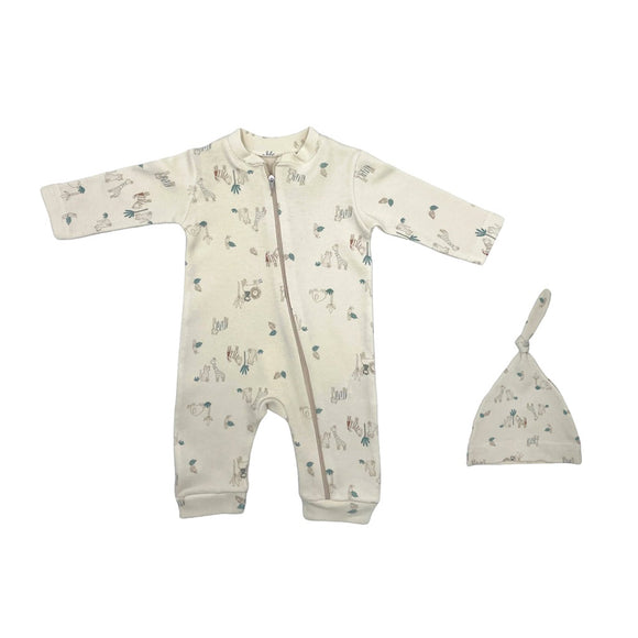 BABY GROW AND BEANIE SET NATURAL SAFARI 0 - 3 MONTHS