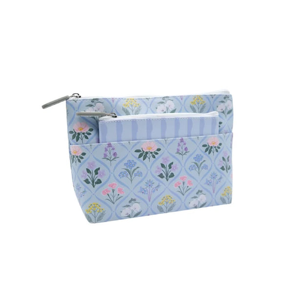 COSMETIC BAG 2PC POCKET SET BLOOMS ON BLUE