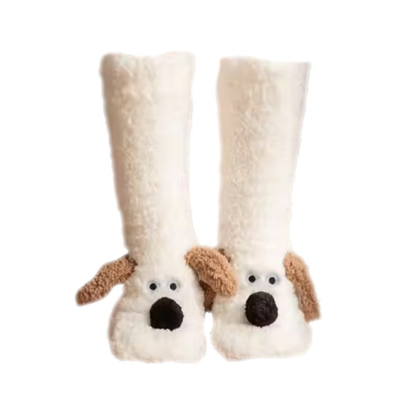 SLIPPER SOCKS LONG FLUFFY DOG WHITE