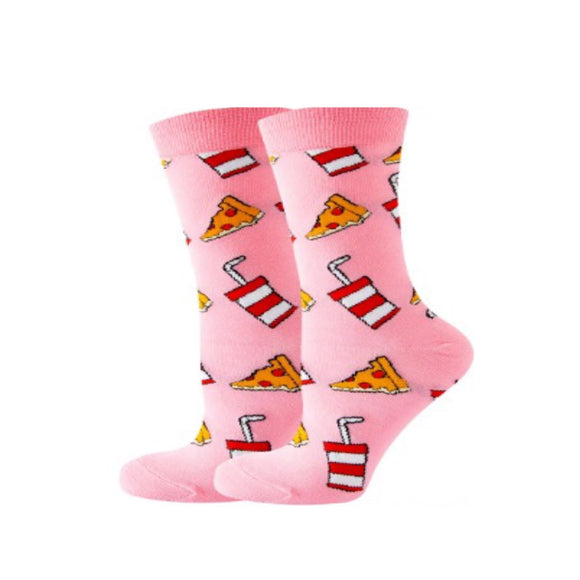 SOCKS WITH PIZZAS AND SODAS ON PINK