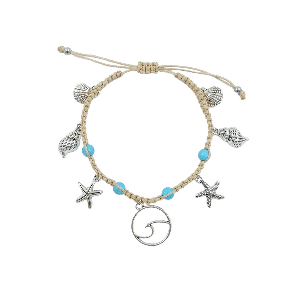 BRACELET PULL STRING TURQ BEADS AND SILVER CHARMS