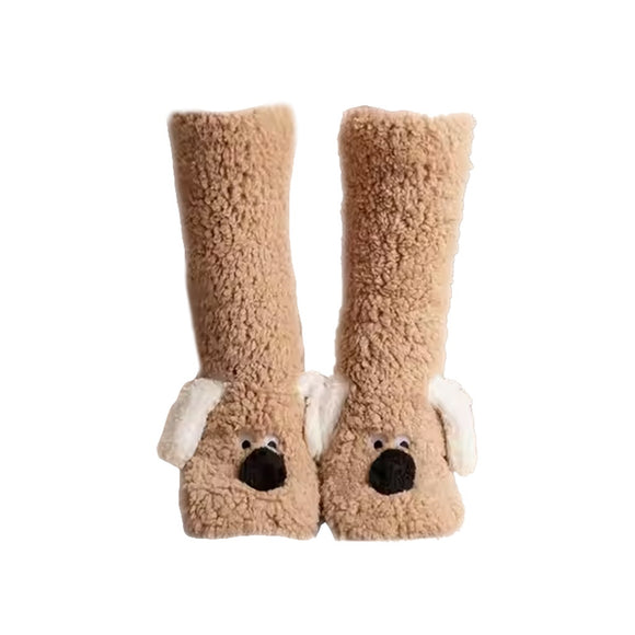 SLIPPER SOCKS LONG FLUFFY DOG BROWN
