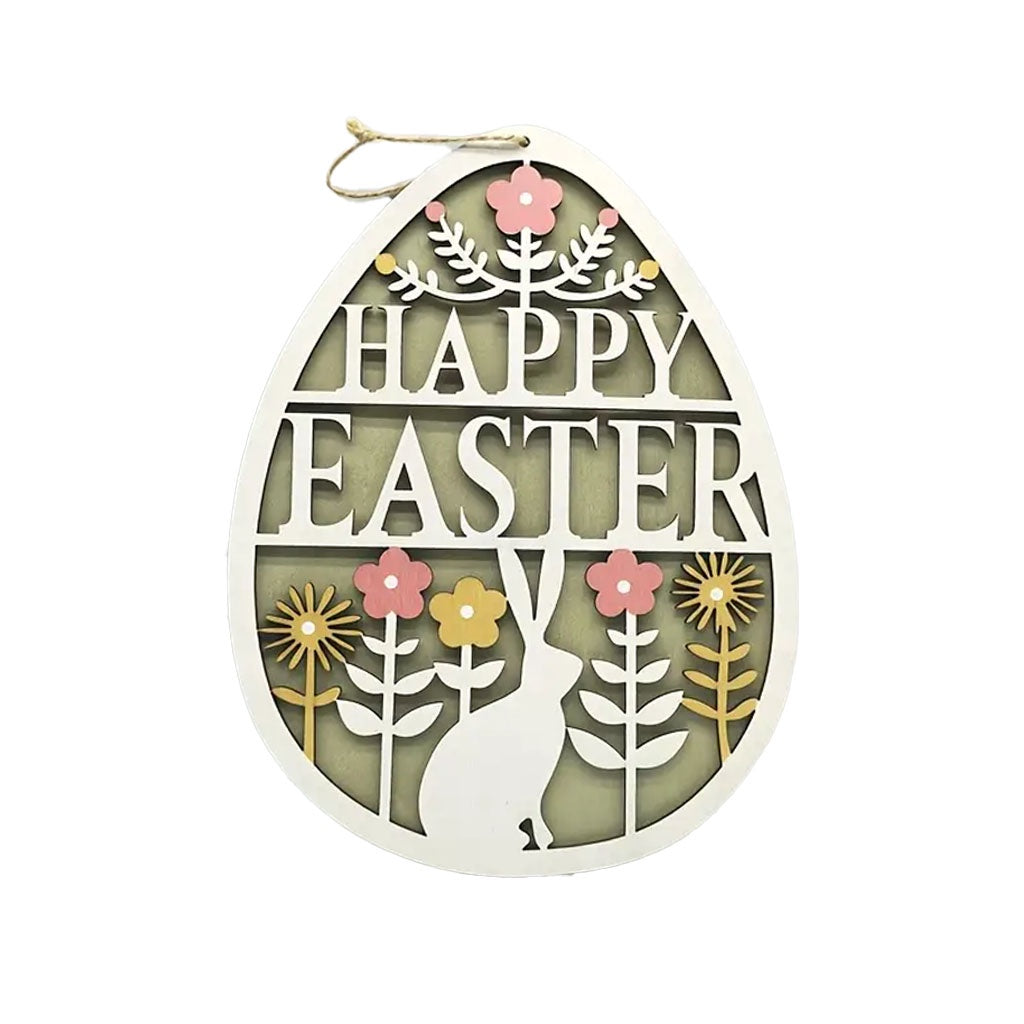 WOODEN EASTER SIGN HANGING EGG SHAPED GREEN 35CM