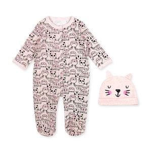 BABY GROW AND BEANIE SET LONG SLEEVE PINK WITH ANIMALS 0 - 3 MONTHS