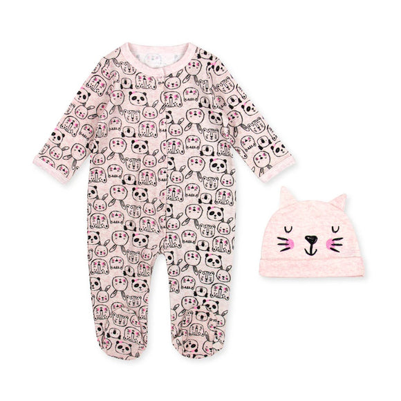 BABY GROW AND BEANIE SET LONG SLEEVE PINK WITH ANIMALS 0 - 3 MONTHS