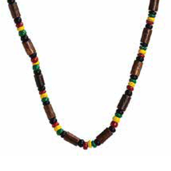 NECKLACE BLACK AND BROWN WITH RASTA COLOUR BEADS