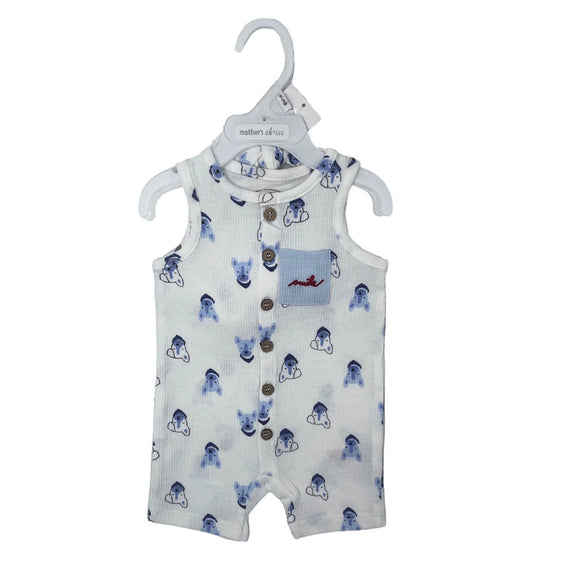 ROMPER AND HAT SET WHITE WITH BLUE PUPPY 3 - 6 MONTHS