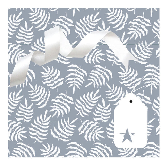 GIFT WRAP & TAG GREY FERN LEAVES