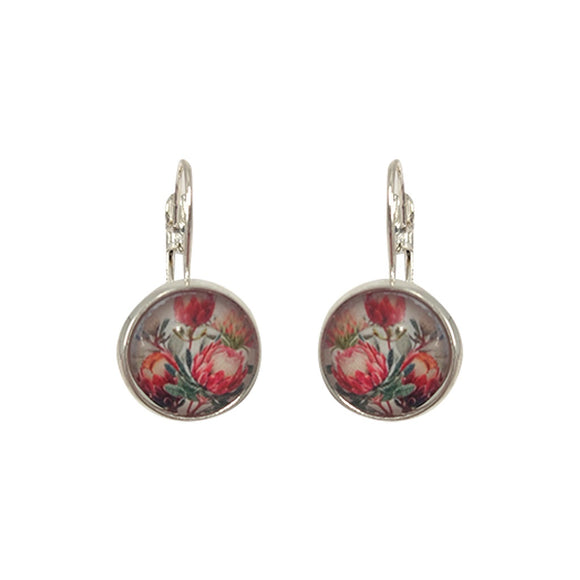 EARRING SILVER PROTEA ROUND DOME DROP RED BOUQUET
