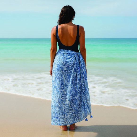 SARONG BLUE FERN LEAVES WITH TASSELS