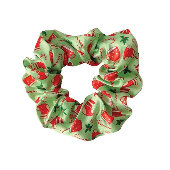 XMAS SCRUNCHIE CANDY CANES AND STOCKINGS ON GREEN