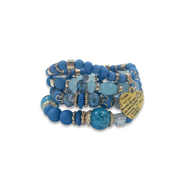 BRACELET 4 ROW LIGHT BLUE WITH BEADS DETAILING AND HEART CHARM