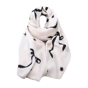 WINTER SCARF IVORY WITH BLACK BOW DESIGNS