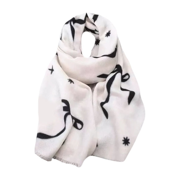 WINTER SCARF IVORY WITH BLACK BOW DESIGNS