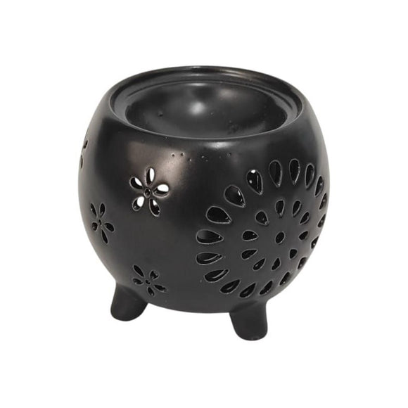 CERAMIC OIL BURNER BLACK FOOTED WITH CUT OUT FLOWER PATTERN