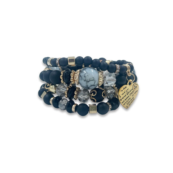 BRACELET 4 ROW BLACK WITH BEADS DETAILING AND HEART CHARM