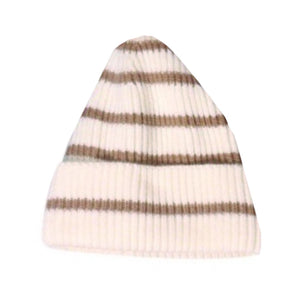 BEANIE RIB KNIT DESIGN CREAM WITH BROWN STRIPE