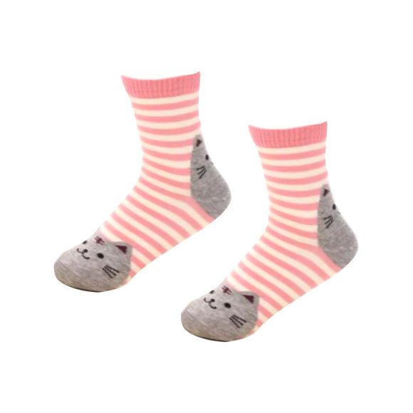SOCKS PINK STRIPE WITH GREY CAT