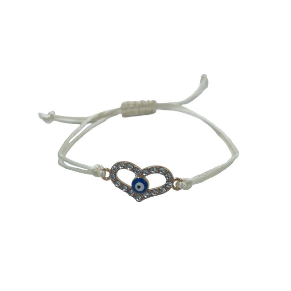 BRACELET DRAW STRING CREAM WITH EVIL EYE IN DIAMANTE HEART