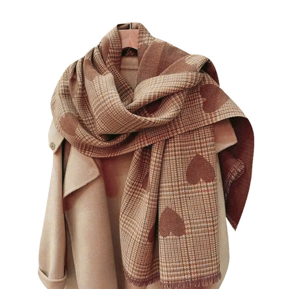 WINTER SCARF TWO TONE BEIGE AND BROWN WITH HEARTS